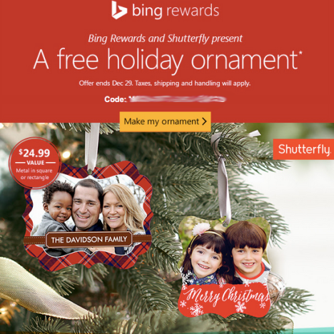 Bing Rewards Members: Possible FREE Photo Ornament From Shutterfly (Check Your Inbox)