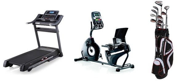 Treadmill, Stationary Bike and Golf Clubs