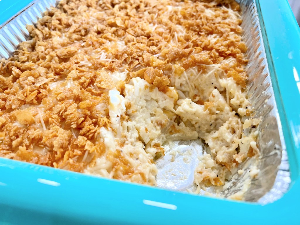 up close photo of funeral potatoes in fancy panz 