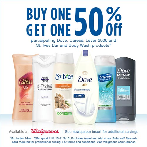 Walgreens Buy 1 Get 1 50% Off Dove, Caress, Lever AND St. Ives