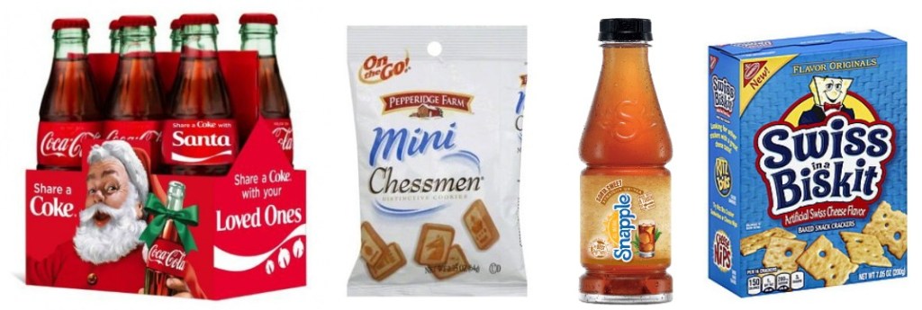 Coke, Mini chessman, Snapple Tea and Swiss in a Biskit Crackers