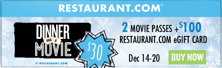 TWO Movie Tickets and $100 Restaurant.com eGift Card ONLY $30