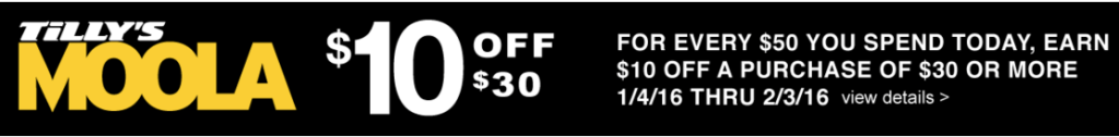 Tilly's $10 off $30 coupon offer
