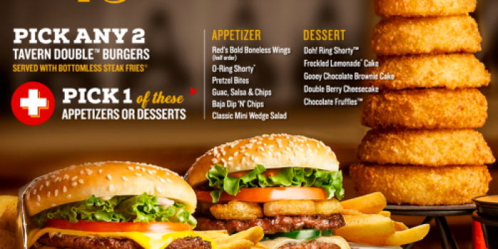 Red Robin: TWO Tavern Double Burgers with Fries AND Select Appetizer or Dessert Just $15