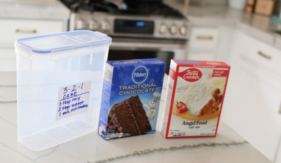 two boxes of cake mix next to an easy dessert recipe