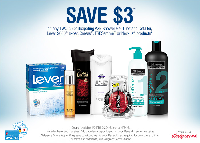 $3/2 AXE Shower Gel 16oz and Detailer, Lever 2000 8-Bar Pack, Caress, TRESemme or Nexxus products coupon