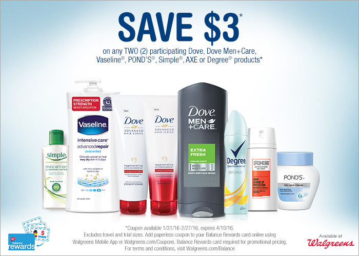 Walgreens: $3/2 Dove, Vaseline, Simple, Degree, Pond's AND Axe Clippable Coupons