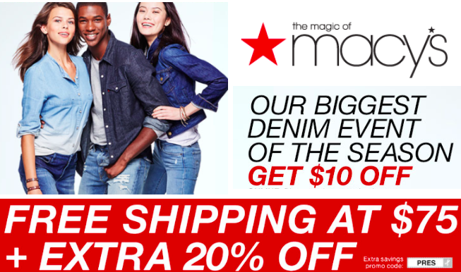 Macy's: Extra 20% Off AND $10 Off Denim
