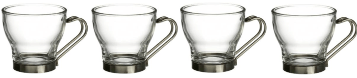 set of FOUR Bormioli Rocco Verdi Espresso Cups with Stainless Steel Handles