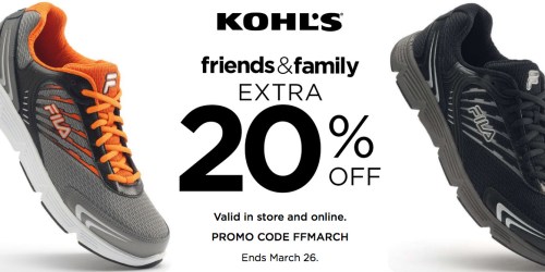 Kohl’s.com: Extra 20% Off Purchase = Men’s FILA Running Shoes Only $25.99 (Reg. $64.99) + More