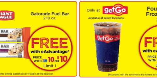 Giant Eagle: FREE Gatorade Fuel Bar and FREE 22oz Fountain or Frozen Drink eCoupons