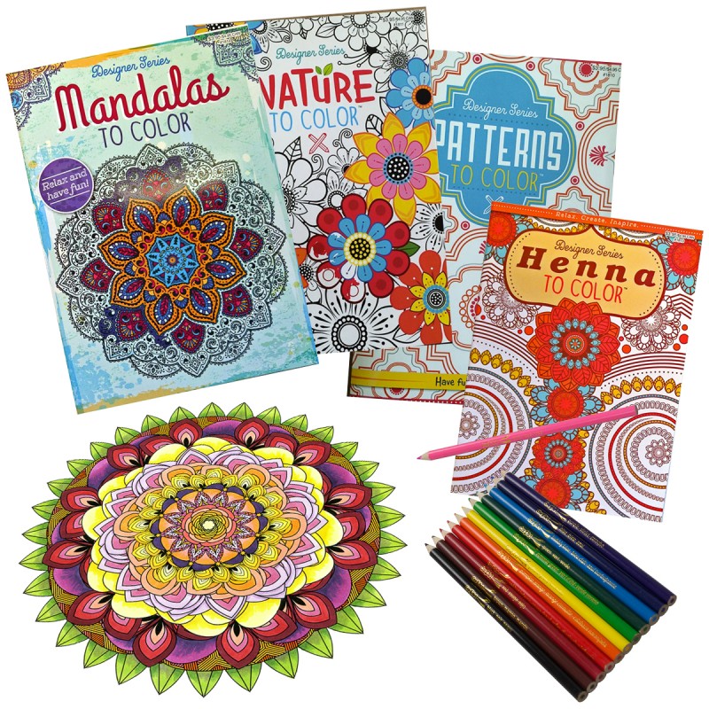 Set of 4 Designer Series Adult Coloring Books AND 12 Color Pencils