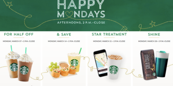 Starbucks Happy Monday Offers: 50% Off Frappuccinos on March 7th (2PM-Close)