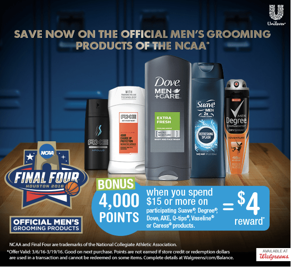 Walgreens: 4,000 Points w/ $15 Suave, Degree, Dove, AXE, Q-tips, Vaseline or Caress Purchase