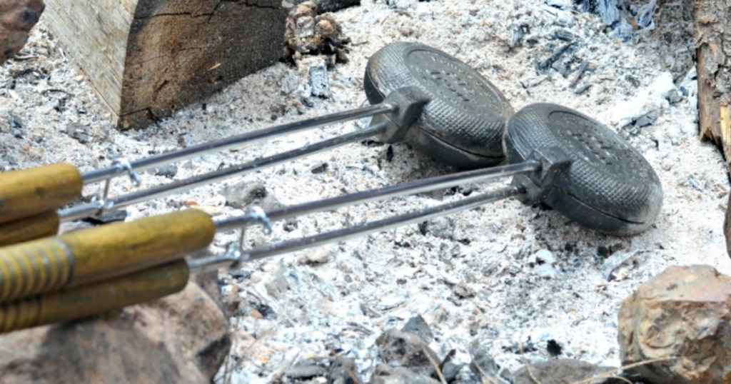 set of pie irons in the campfire 