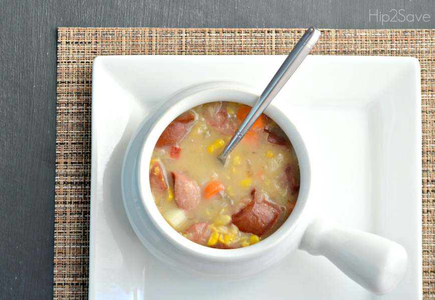 FREE Fall Printable Meal Plan and recipes - Here, sausage corn chowder in a tureen