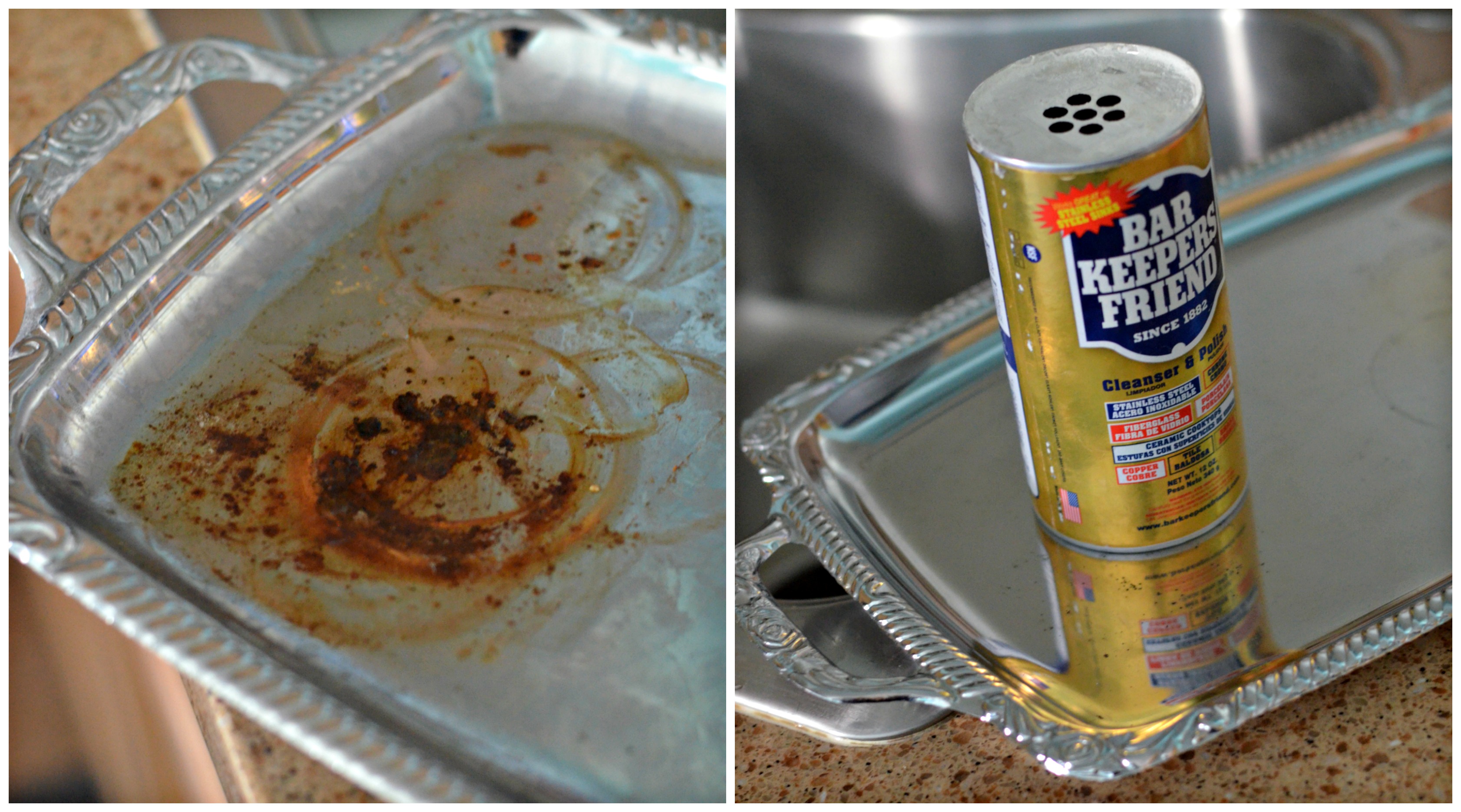 Bar Keepers Friend before and after on a serving tray