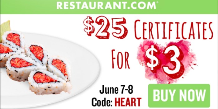 Restaurant.com: $25 Dining Certificate Only $3