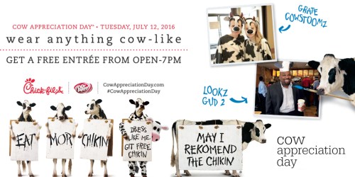 Chick-fil-A Cow Appreciation Day: FREE Entree For ANY Customer w/ Cow Attire (July 12th)