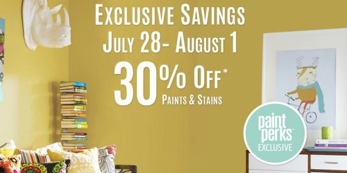 Sherwin Williams Paint Perks: 30% Off Paints & Stains July 28th – August 1st (+ $10 Off $50 Purchase Coupon)