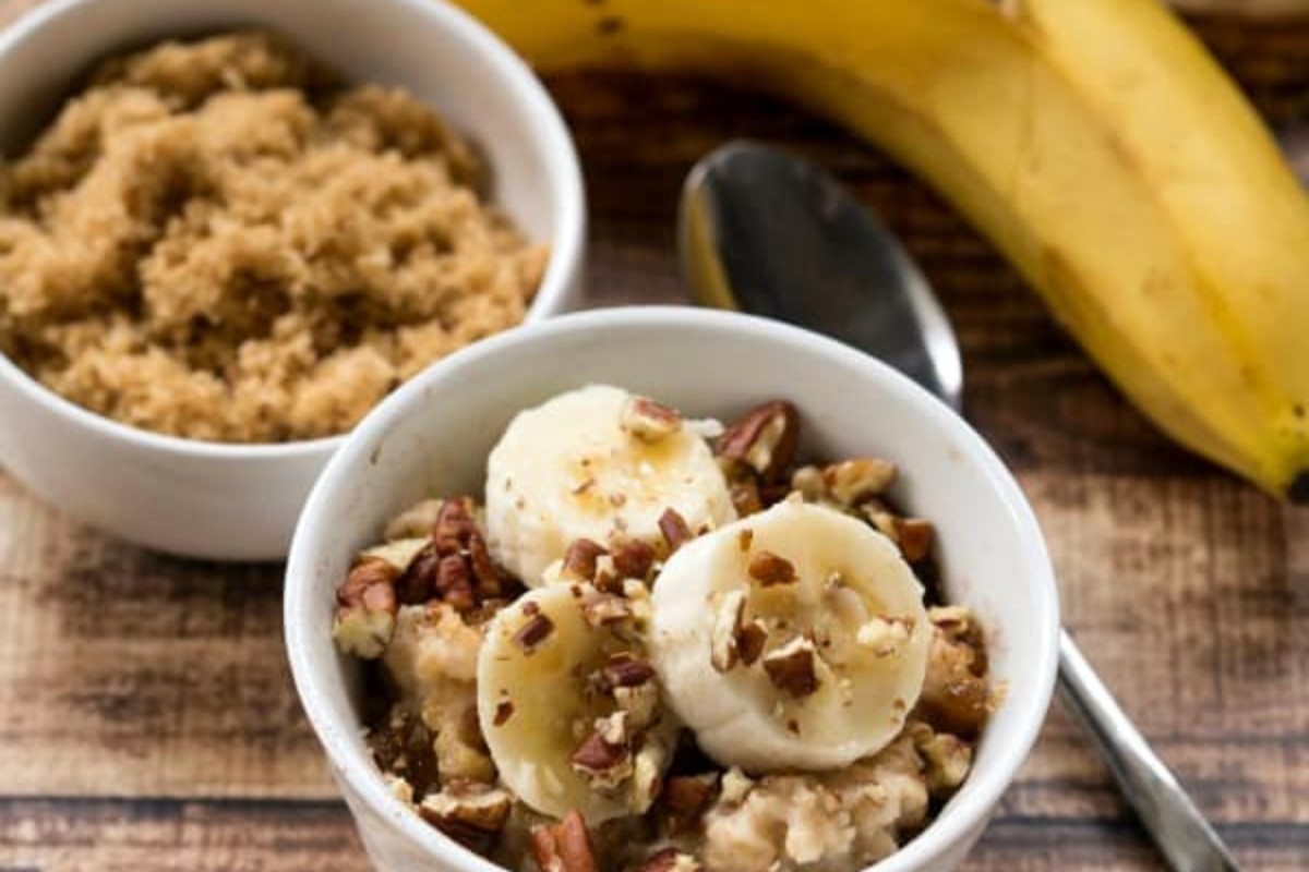 banana oatmeal in white bowls which is one of our Crock Pot breakfast recipes
