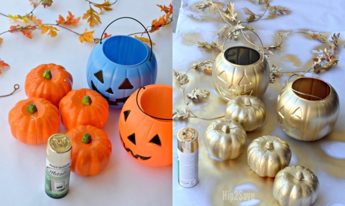 side by side view of plastic pumpkins before and after gold spray paint