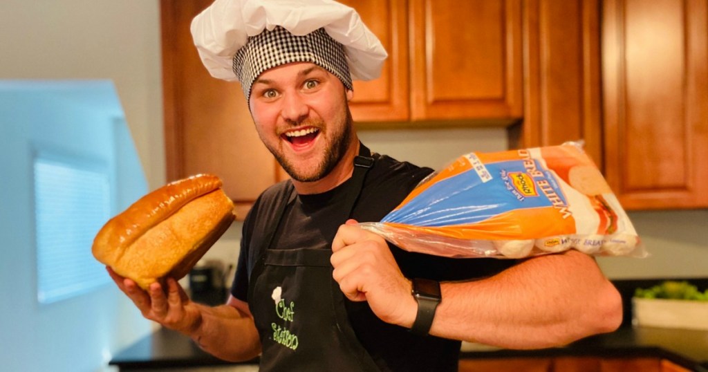 man with chef hat holding Rhodes bread loaf and frozen dough
