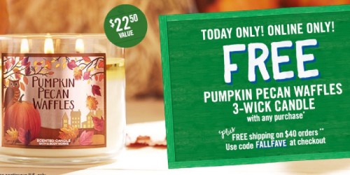 Bath & Body Works: Free Pumpkin 3-Wick Candle w/ ANY Online Purchase ($22.50 Value)