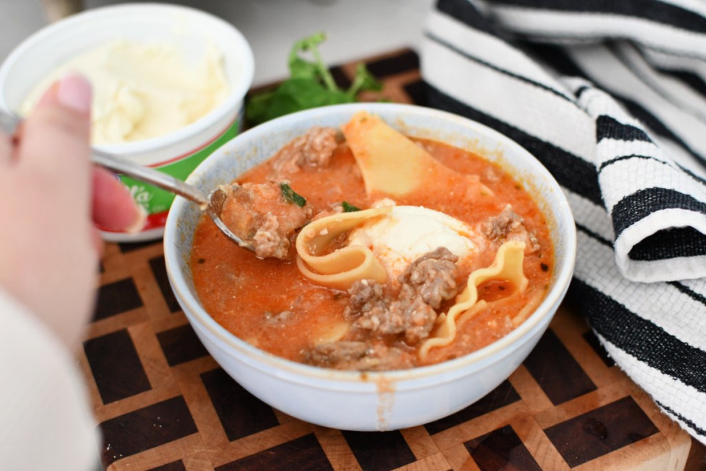 bowl of hearty lasagna soup with ricotta