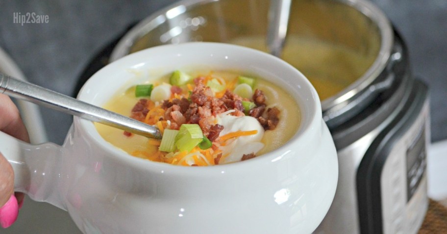 baked potato soup in white bowl, one of the best fall soup recipes