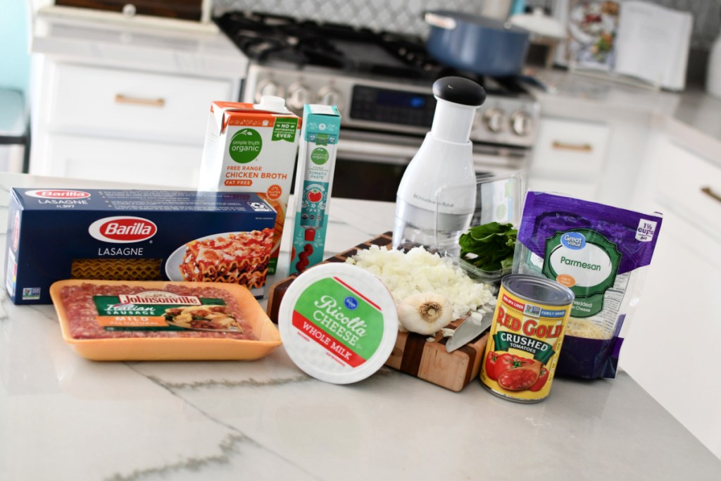 lasagna soup ingredients on counter