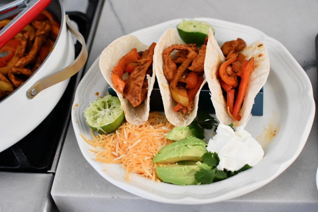 plate with three tortillas and weeknight chicken fajitas