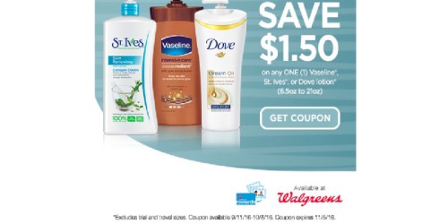 Walgreens: $1.50/1 Vaseline, St. Ives or Dove Lotion Coupon