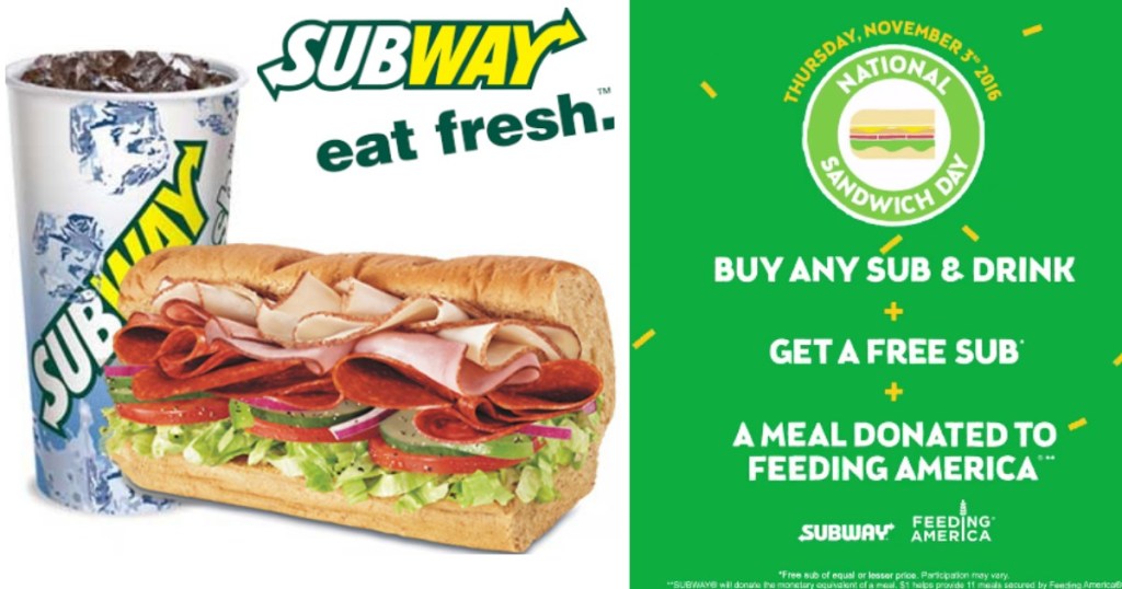 Subway FREE Sub w/ Sub & Drink Purchase on 11/3 (+ a Free Meal Will Be
