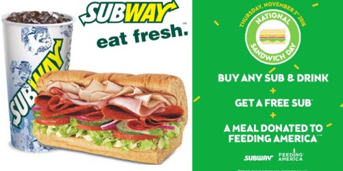 Subway: FREE Sub w/ Sub & Drink Purchase on 11/3 (+ a Free Meal Will Be Donated)