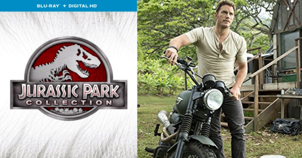 Jurassic Park Collection Blu-Ray + Digital HD with picture of actor holding motocycle
