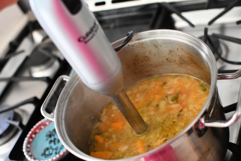using an immersion blender to make soup