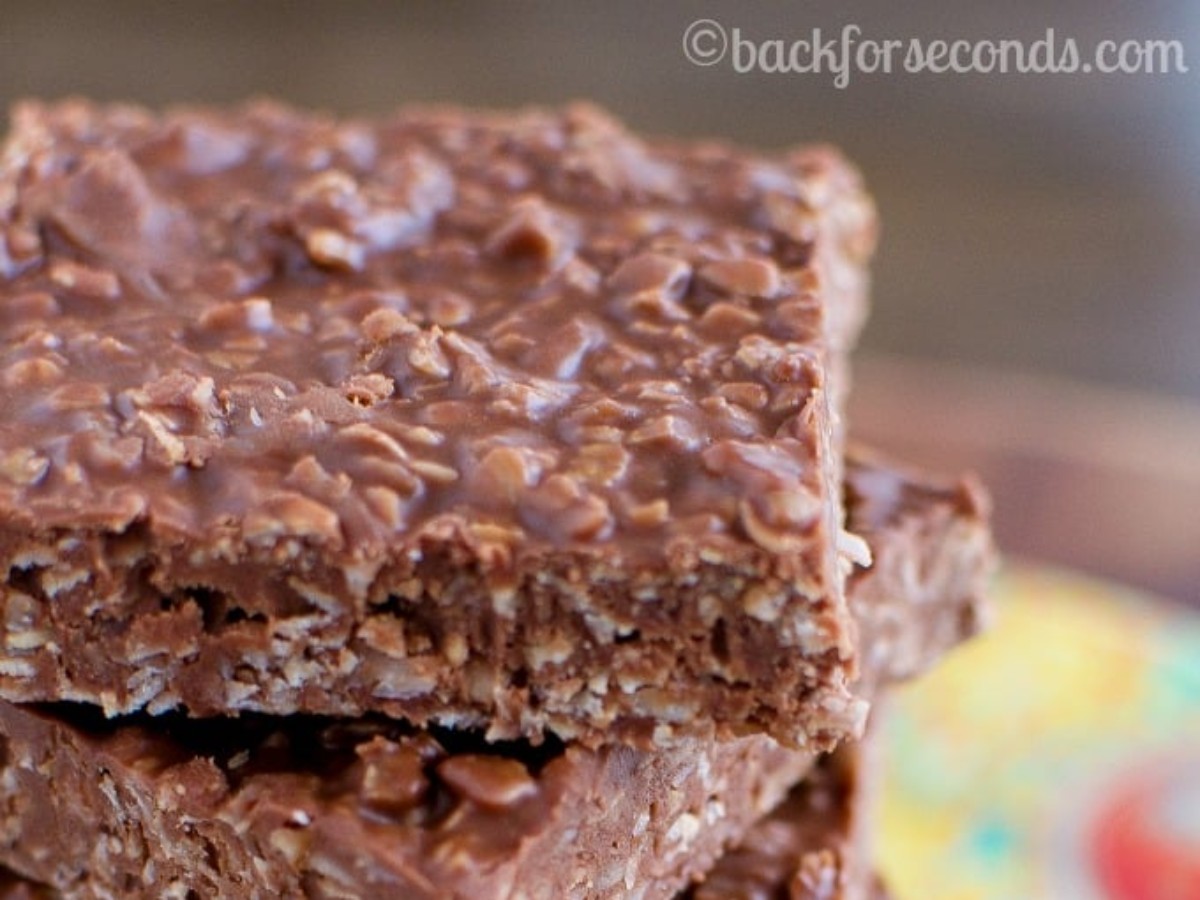 no-bake chocolate cookie bars stacked on plate