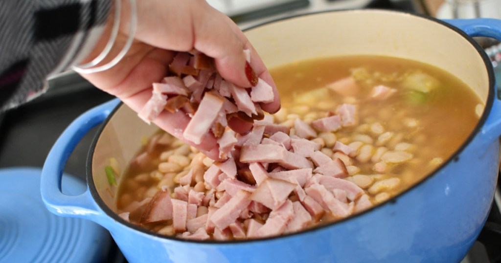 adding ham to beans