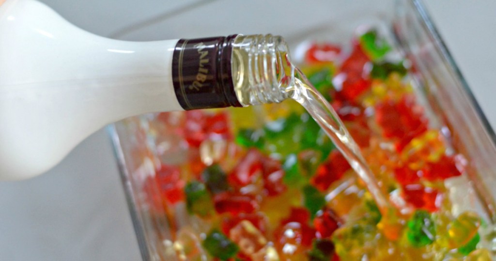 rummy bears in a dish with alcohol