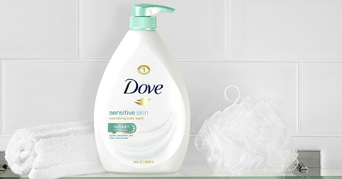 dove 32oz pump body wash bottle in bathroom with towel and sponge