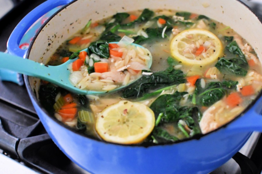 finished pot of lemon chicken orzo soup, one of our favorite rotisserie chicken dinner ideas