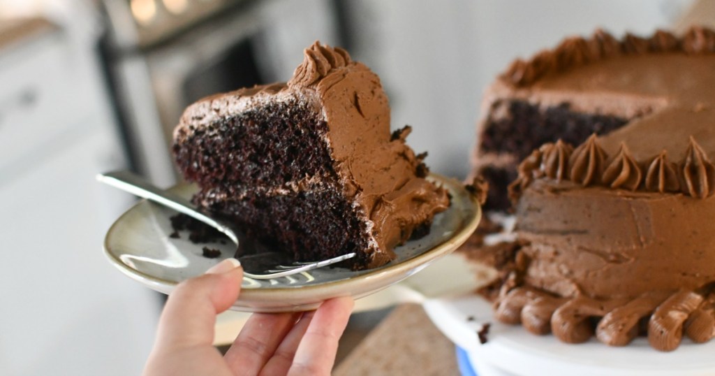 slice of chocolate cake on a plate with fork