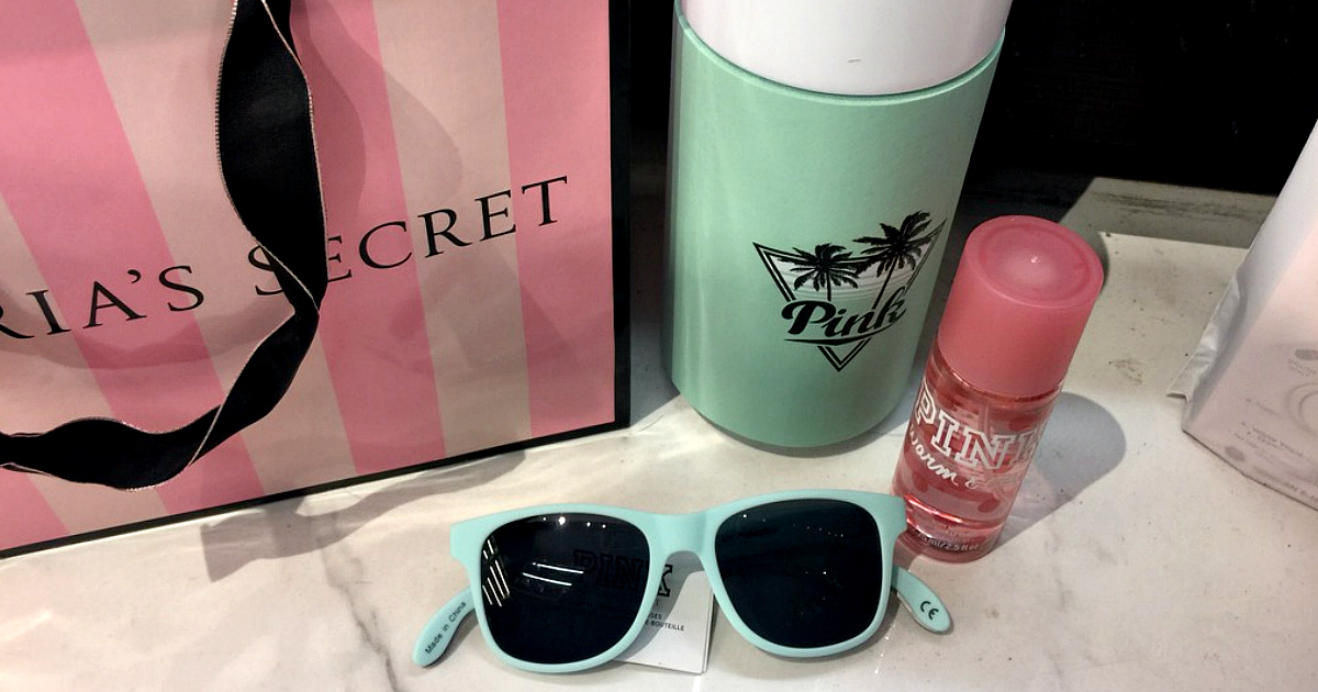 victoria's secret sale sunglasses, bag, and fragrances on counter