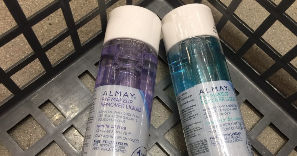 two bottles of liquid eye makeup remover in a store shopping basket
