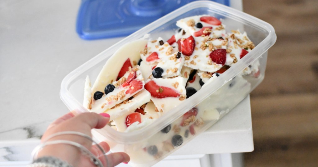 container with frozen yogurt bark
