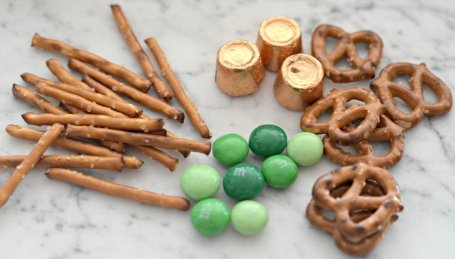 ingredients to make easy shamrock pretzels as St. Patrick's Day snacks for kids and adults