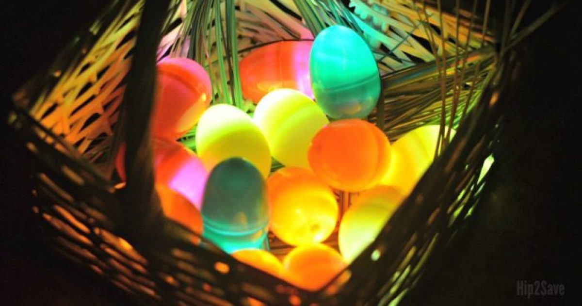 glowing easter eggs in a basket at night 