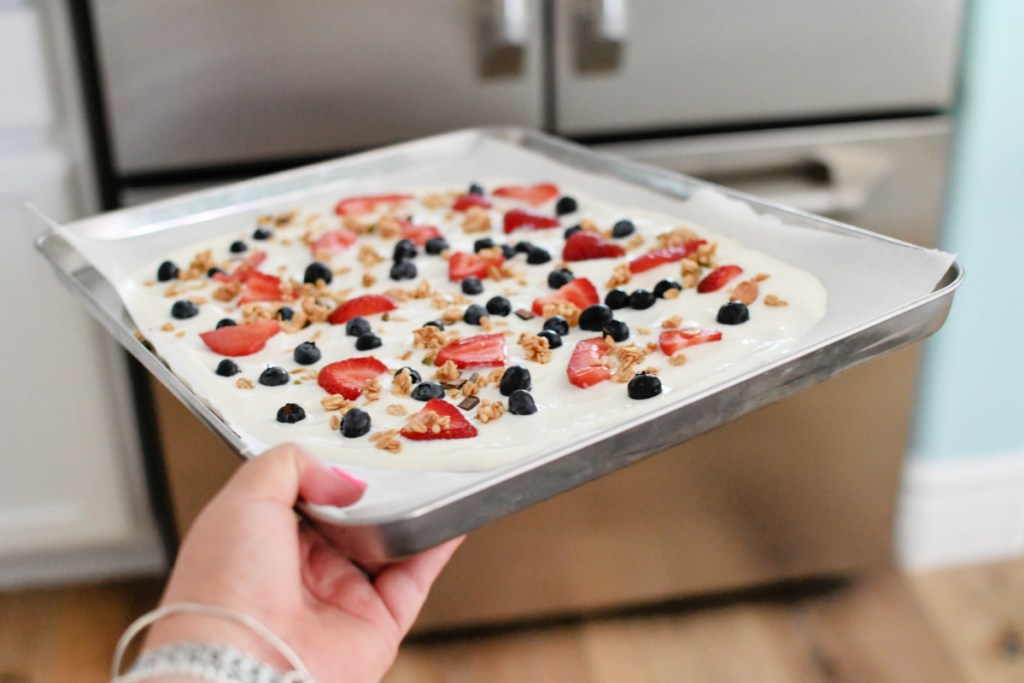 sheet pan with yogurt and berries