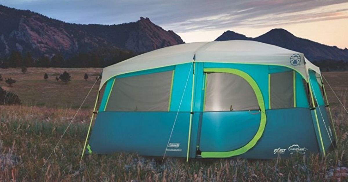 large blue and green family tent set up